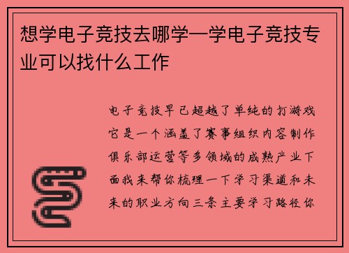 想学电子竞技去哪学—学电子竞技专业可以找什么工作